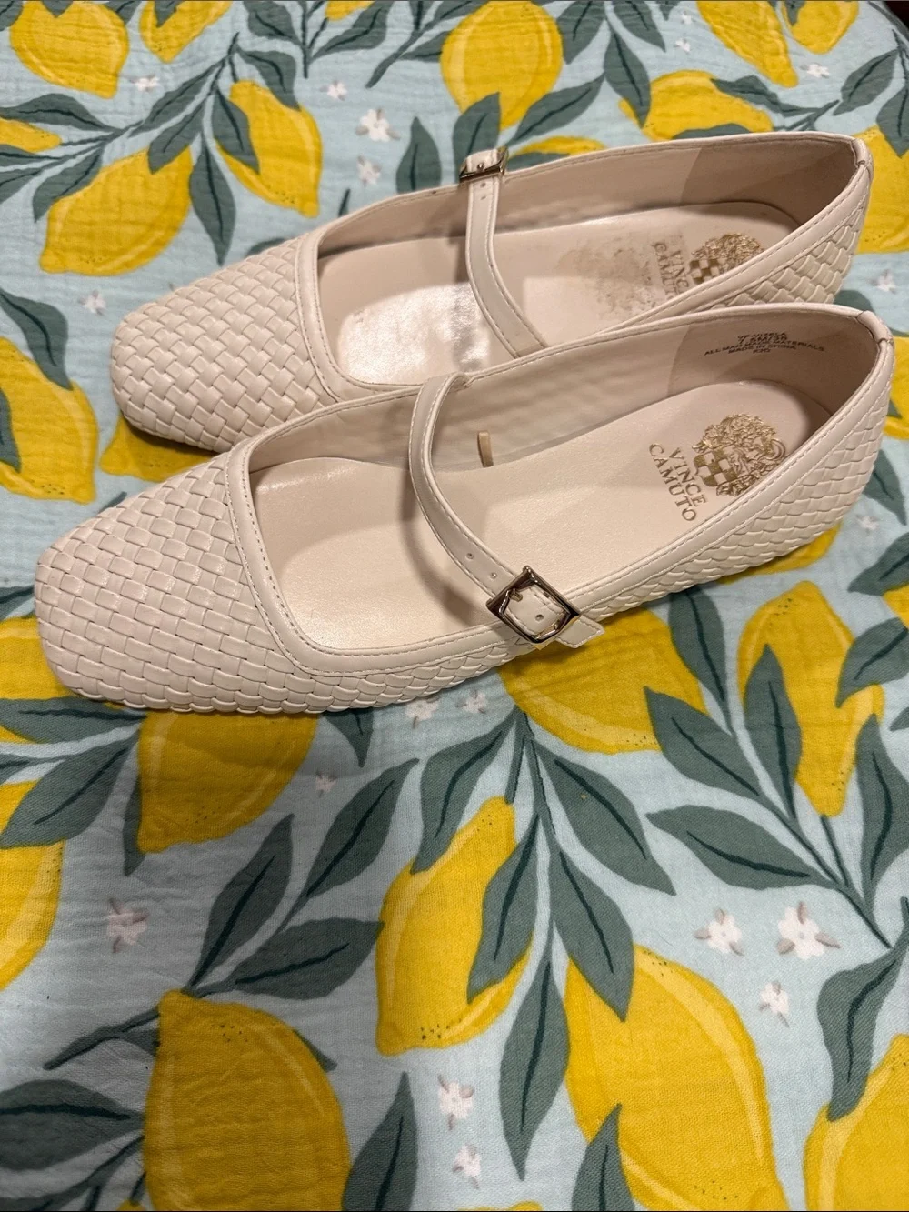 Vince Camuto Cream Woven Mary Jane Flats with Buckle Strap